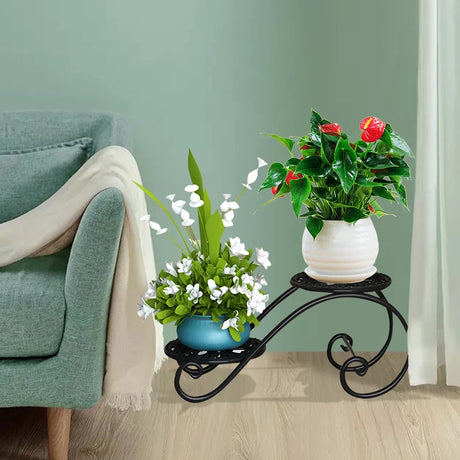 Morden Metal Double Plant Pot Flower Holders Black Color 2 Tier Plant Stand for Indoor Outdoor