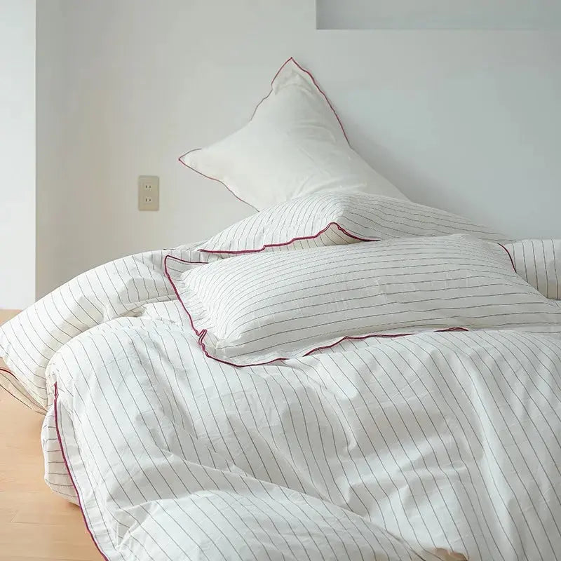 100%Washed Cotton Duvet Cover Set Comfy Simple Stripe Textured Soft Twin Double Queen Bedding set Flat/Fitted Sheet Pillowcases - Julia M LifeStyles