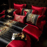 Luxury Black Red Silk Satin & Egyptian Cotton 8Pcs Bedding Set with Embroidery - Julia M LifeStyles