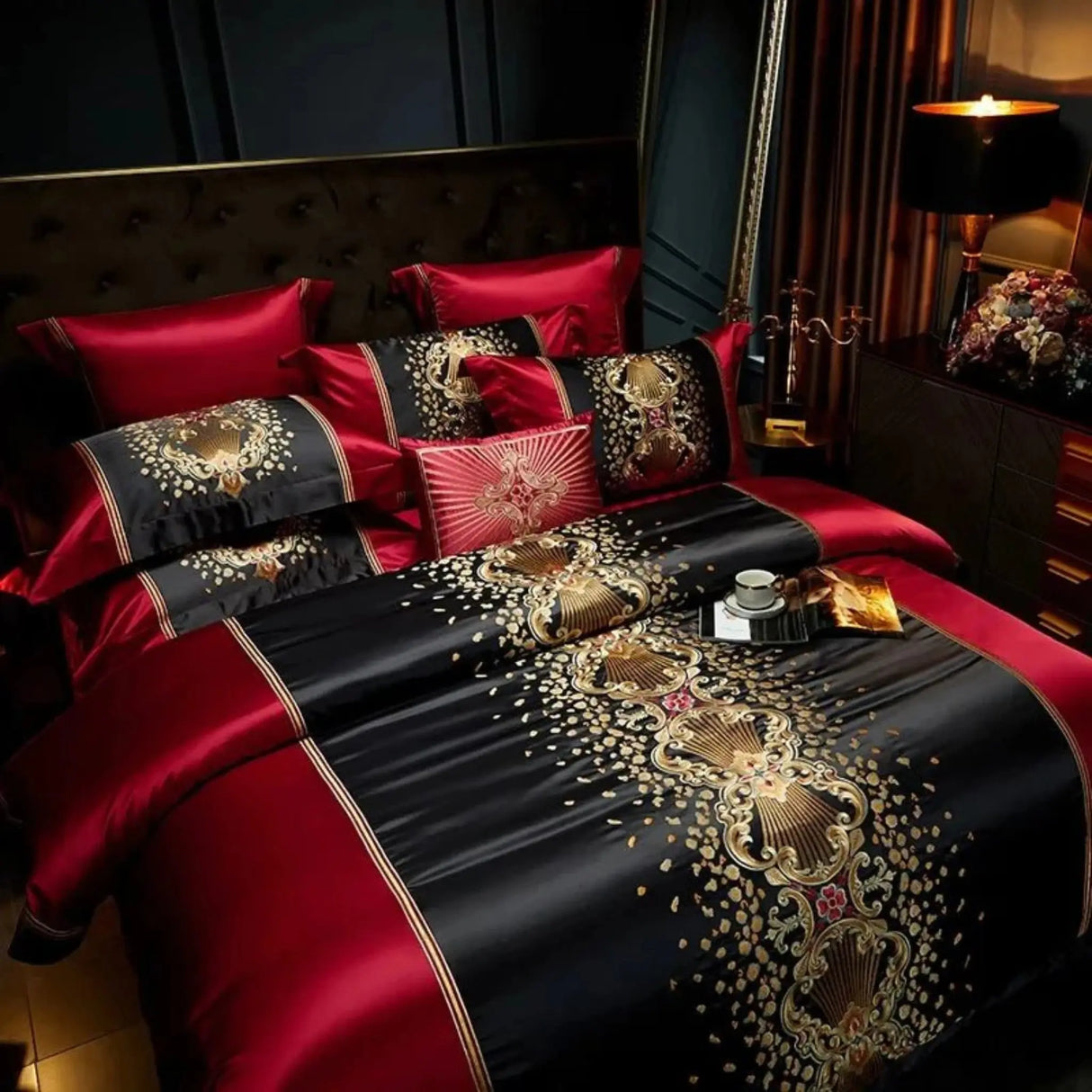 Luxury Black Red Silk Satin & Egyptian Cotton 8Pcs Bedding Set with Embroidery - Julia M LifeStyles