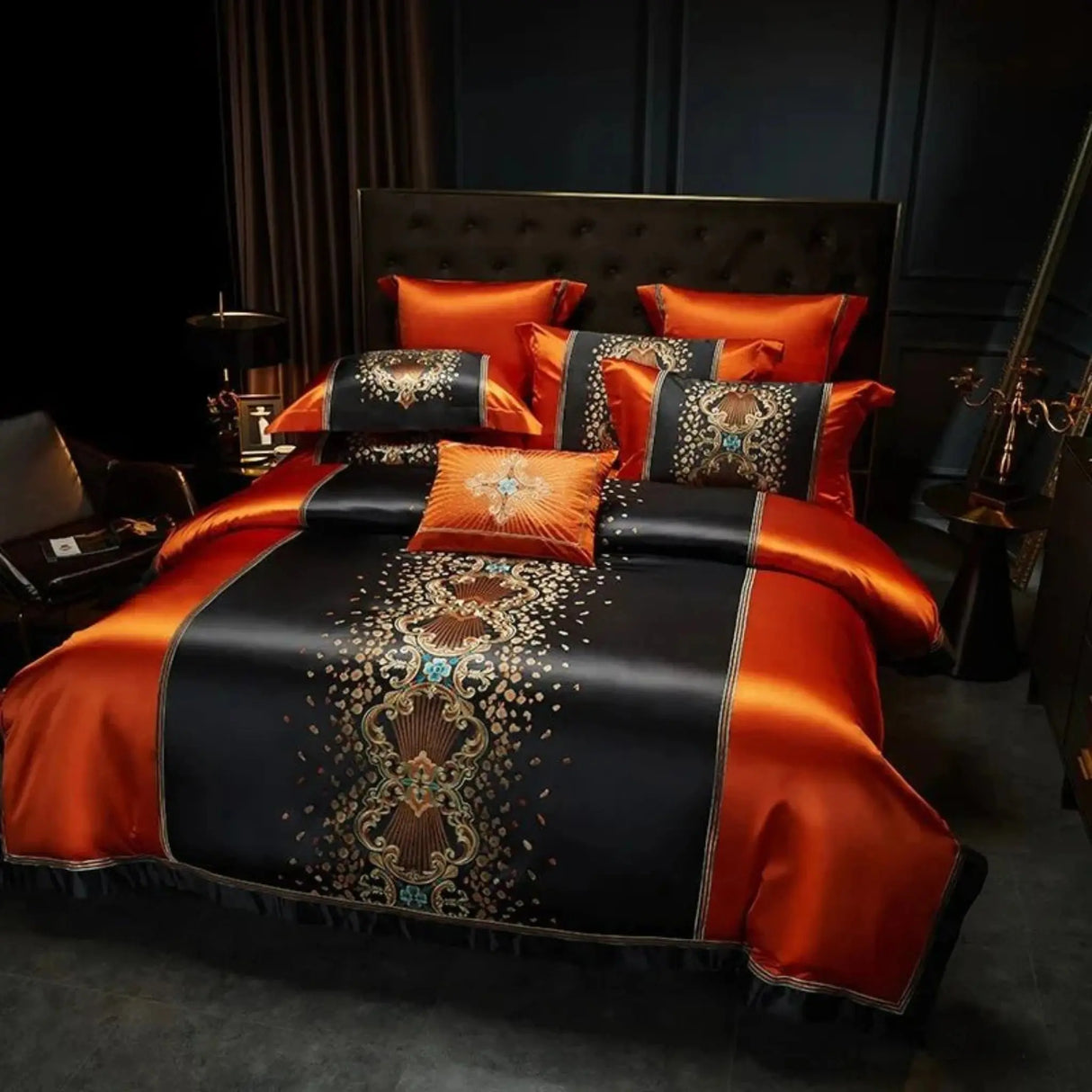 Luxury Black Red Silk Satin & Egyptian Cotton 8Pcs Bedding Set with Embroidery - Julia M LifeStyles