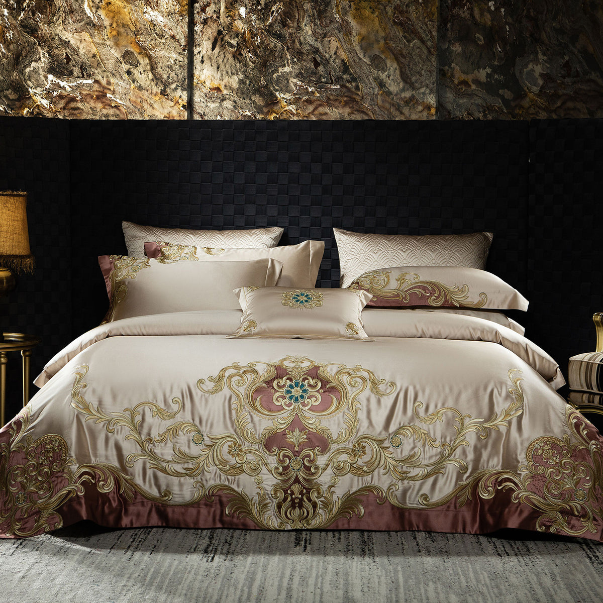 Luxurious European-Style 100-Count Silk Cotton Satin Brocade Embroidered Four-Piece Set of High-End Palace-Style Villa Bedding