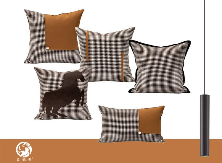 American Modern Light Luxury Retro Houndstooth Leather Patchwork Sofa Model Room Designer Pillow Cushion with Pillow Core - Julia M LifeStyles