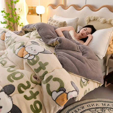 Woman sleeping on a bed with cartoon-themed bedding