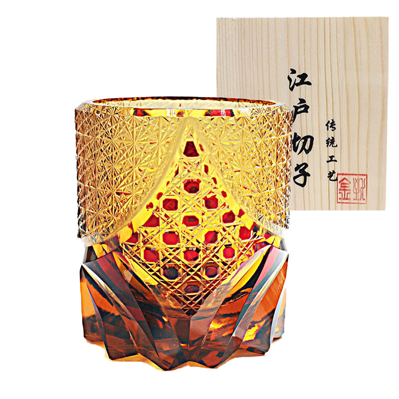 Edo Chariko Whiskey Crystal Glass Hand-carved Vintage Black Samurai Wood Boxed Wine Glass