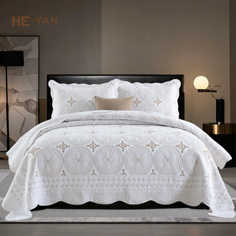 Pure Cotton Washed Bed Cover Three-Piece Set European Pure Color Embroidered Quilted Bed Bed Sheets Set Pure Cotton Air-Conditioned Quilt