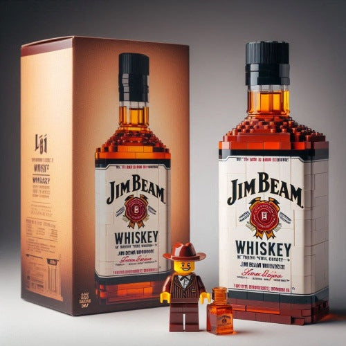Jim Beam whiskey bottle and packaging made of interlocking bricks on a gray background