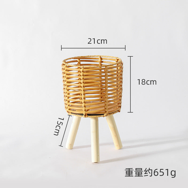 Nordic Solid Wood Rattan Flower Stand Living Room Sofa Combination Floor-Standing Bamboo Storage Rack Balcony Pothos Flower Pot Shelf