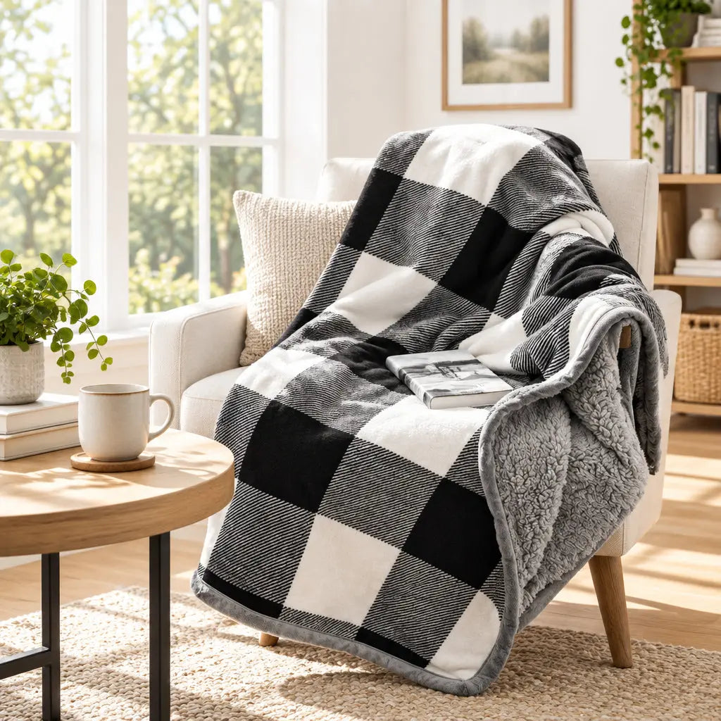 Checkered blanket draped over a chair with a book on a wooden floor.