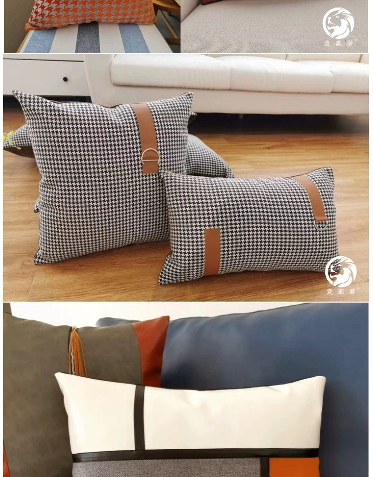 American Modern Light Luxury Retro Houndstooth Leather Patchwork Sofa Model Room Designer Pillow Cushion with Pillow Core - Julia M LifeStyles