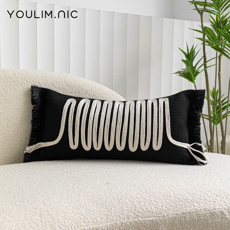 Modern Silent Cotton Rope Woven Long Waist Pillow Sofa Pillow Model Room Decorative Cushion Black Beige