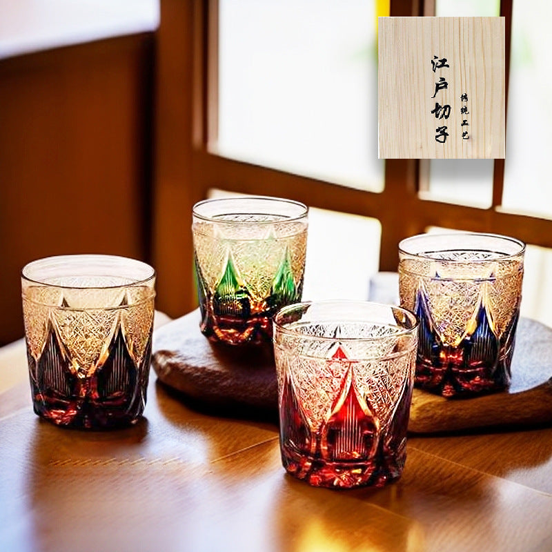 Edo Cazi Japanese Vintage Handmade Carved Amber Chrysanthemum Pattern Glass Wine Ware Edo Cazi Whiskey Wine Glass