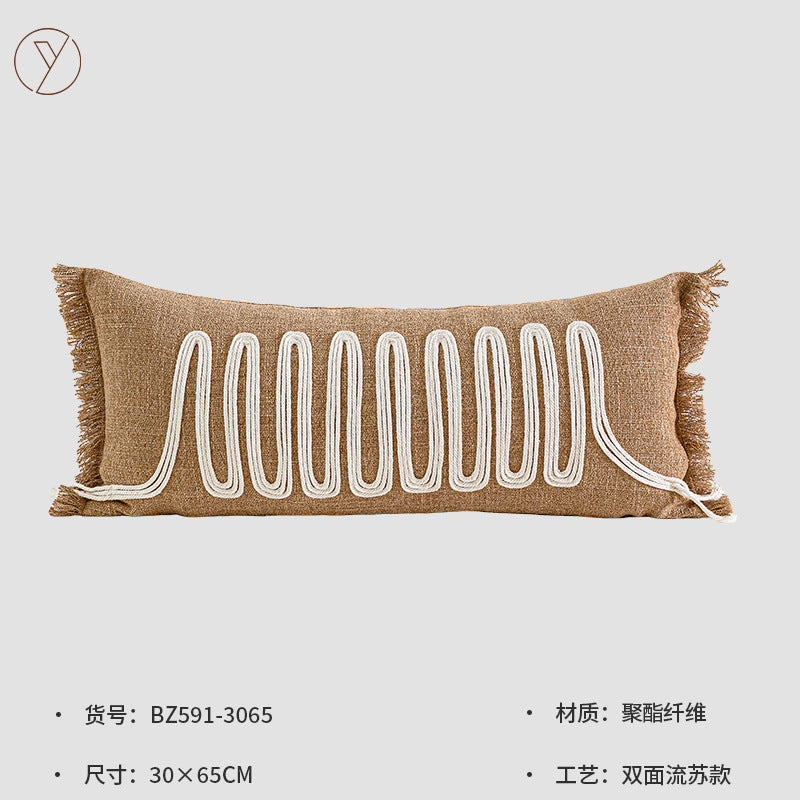Modern Silent Cotton Rope Woven Long Waist Pillow Sofa Pillow Model Room Decorative Cushion Black Beige