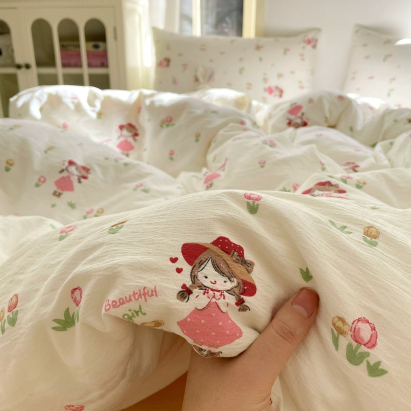Young Adult Heart Double-Layer Yarn Bedding Four-Piece Set Washed Cotton Duvet Cover Dormitory Bed Single Student Three-Piece Set 4 Julia M LifeStyles