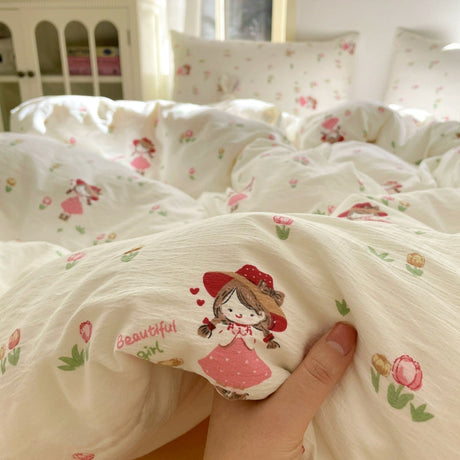 Young Adult Heart Double-Layer Yarn Bedding Four-Piece Set Washed Cotton Duvet Cover Dormitory Bed Single Student Three-Piece Set 4 Julia M LifeStyles
