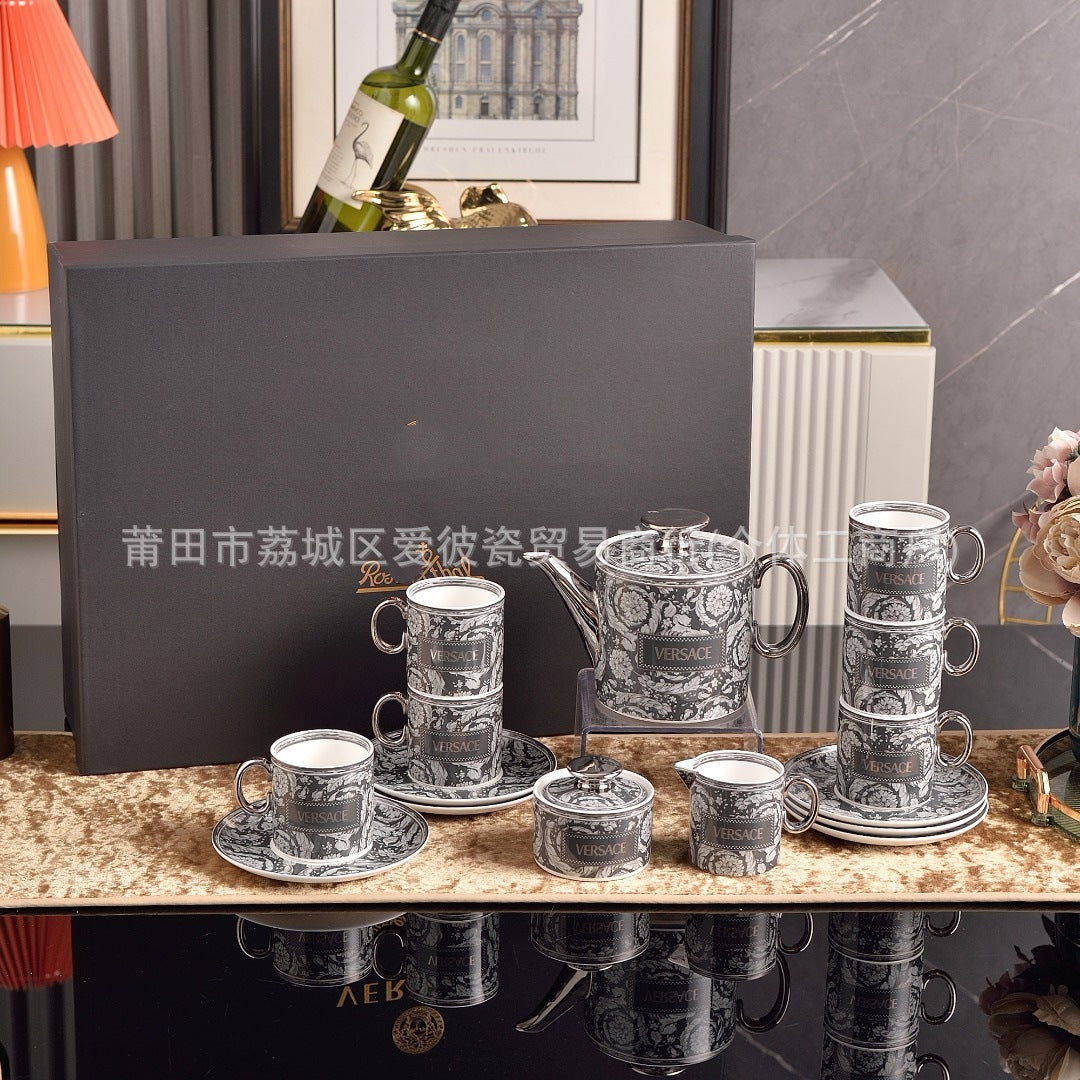 Cross-Border Fanjia Tableware Coffee Cup and Saucer Tea Set 15-Piece Set with 6 Cups, 6 Saucers, Large Pot, Milk Jug, Sugar Jar, Complete Gift Box Set for Gifting