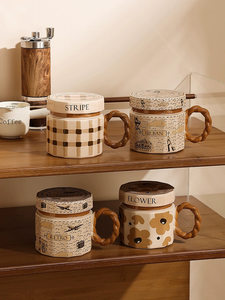 Hero Retro Ceramic Mug with Lid - Exquisite 300-400ml Coffee Cup