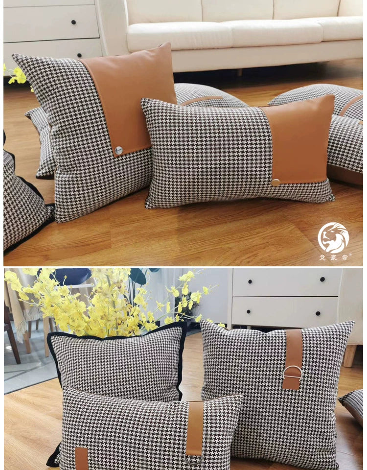 American Modern Light Luxury Retro Houndstooth Leather Patchwork Sofa Model Room Designer Pillow Cushion with Pillow Core - Julia M LifeStyles