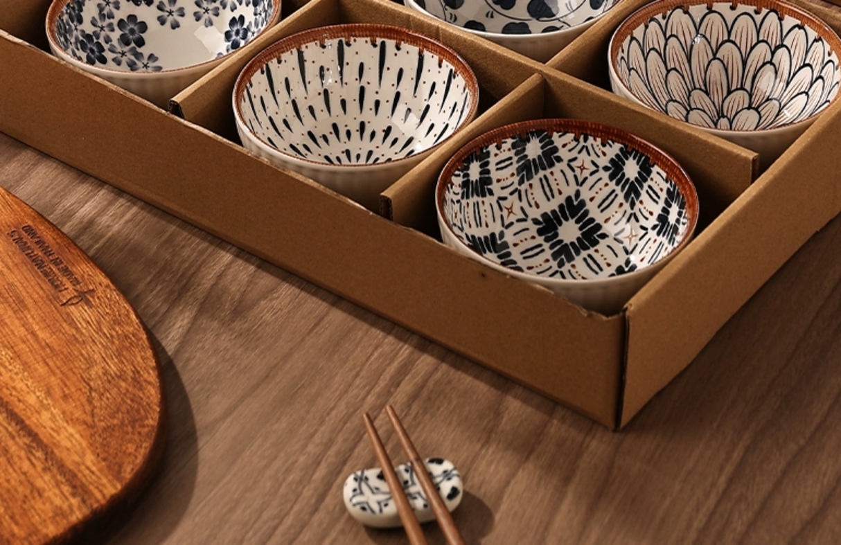 Japanese-Inspired Ceramic Rice Bowl Set in Gift Box