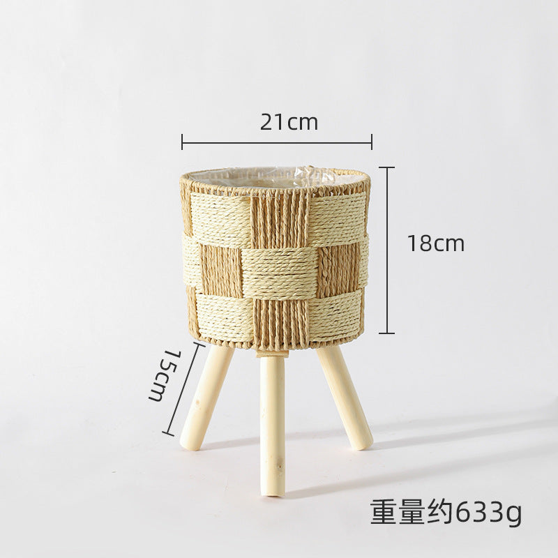 Nordic Solid Wood Rattan Flower Stand Living Room Sofa Combination Floor-Standing Bamboo Storage Rack Balcony Pothos Flower Pot Shelf