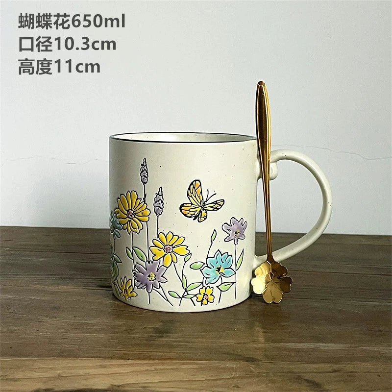 Vintage Floral Hand-Painted Ceramic Water Cup with Spoon Julia M Home & Kitchen