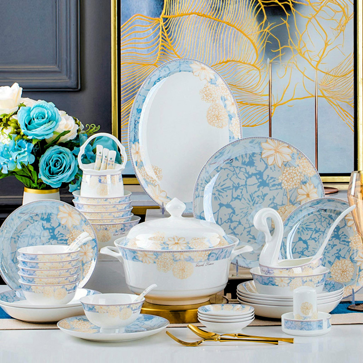 16-80PCs European Style Light Luxury Bone China Time Stroll Dinnerware Set