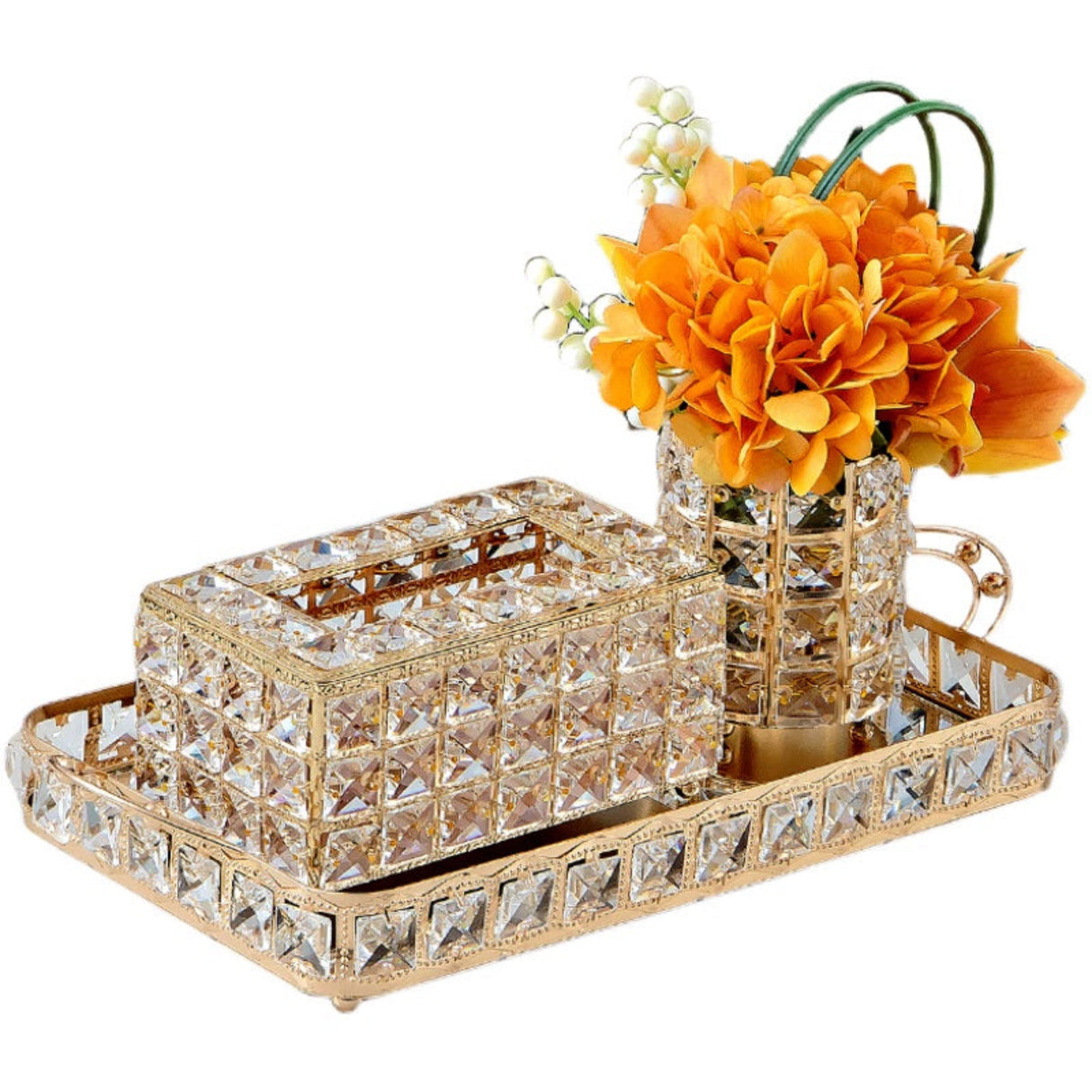 Decorative crystal box with a vase of orange flowers on a white background