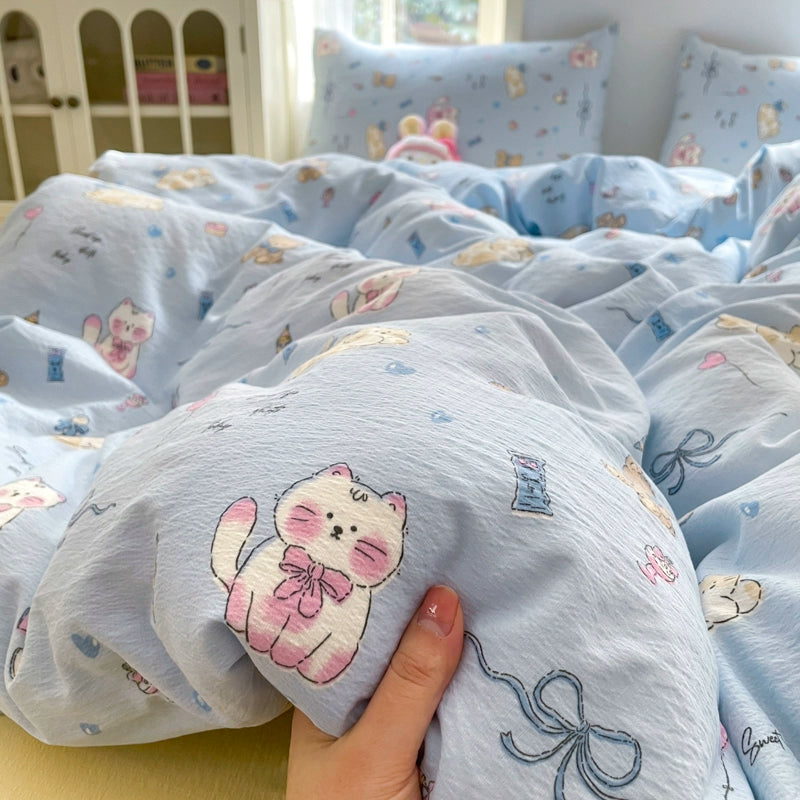 Young Adult Heart Double-Layer Yarn Bedding Four-Piece Set Washed Cotton Duvet Cover Dormitory Bed Single Student Three-Piece Set 4 Julia M LifeStyles