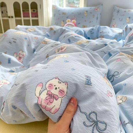 Young Adult Heart Double-Layer Yarn Bedding Four-Piece Set Washed Cotton Duvet Cover Dormitory Bed Single Student Three-Piece Set 4 Julia M LifeStyles