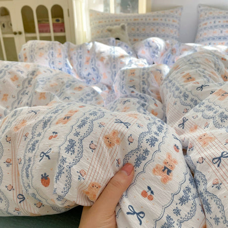 Young Adult Heart Double-Layer Yarn Bedding Four-Piece Set Washed Cotton Duvet Cover Dormitory Bed Single Student Three-Piece Set 4 Julia M LifeStyles