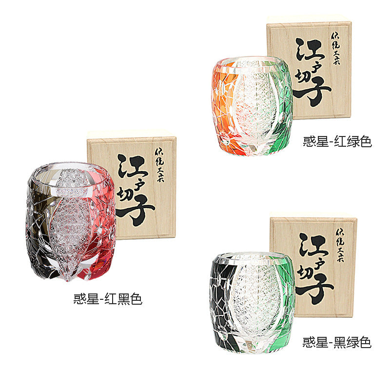 Edo Cazi Japanese Vintage Handmade Carved Amber Chrysanthemum Pattern Glass Wine Ware Edo Cazi Whiskey Wine Glass