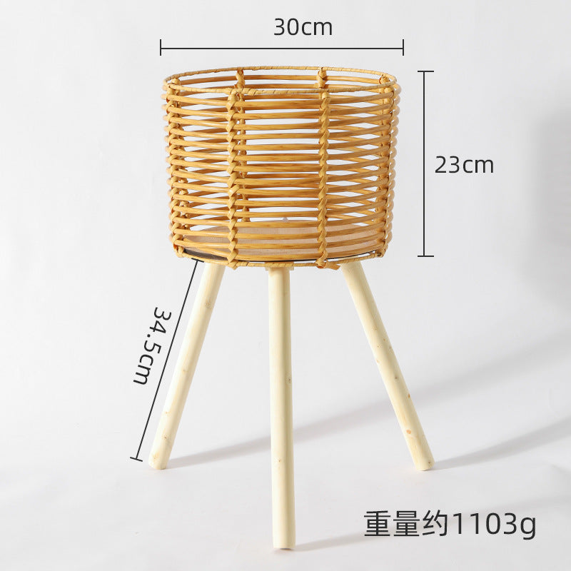 Nordic Solid Wood Rattan Flower Stand Living Room Sofa Combination Floor-Standing Bamboo Storage Rack Balcony Pothos Flower Pot Shelf