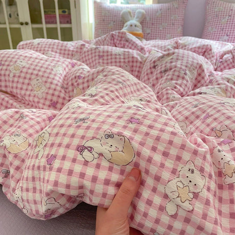 Young Adult Heart Double-Layer Yarn Bedding Four-Piece Set Washed Cotton Duvet Cover Dormitory Bed Single Student Three-Piece Set 4 Julia M LifeStyles
