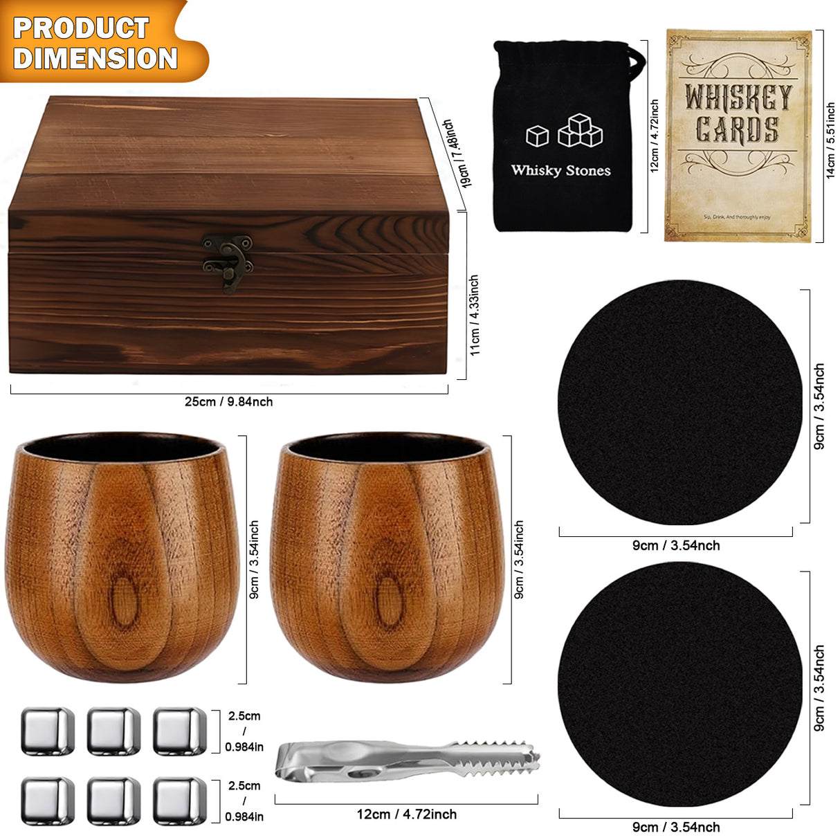 Whiskey Ice Stone Wooden Box Set, Carbonized Jujube Wood Cup Combination, Stainless Steel Ice Stone Complete Gift Box Set