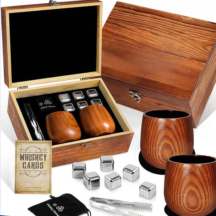 Whiskey Ice Stone Wooden Box Set, Carbonized Jujube Wood Cup Combination, Stainless Steel Ice Stone Complete Gift Box Set