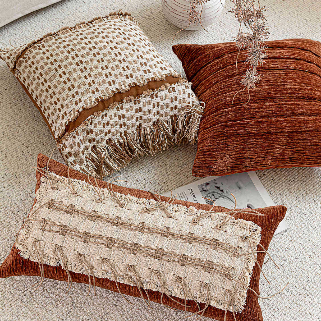 High-End Mid-Century Style Orange Coffee Color Sofa Pillow Designer Cushion Natural Wabi-Sabi Style Model Room Cushion Lumbar Pillow