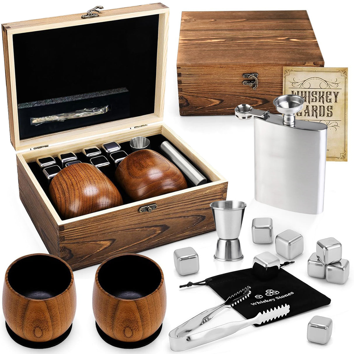 Whiskey Ice Stone Wooden Box Set, Carbonized Jujube Wood Cup Combination, Stainless Steel Ice Stone Complete Gift Box Set
