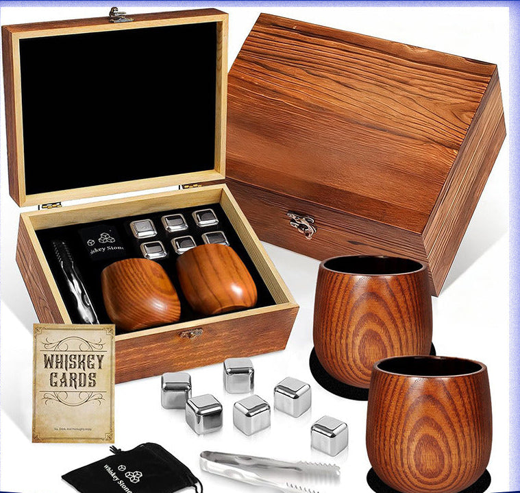 Whiskey Ice Stone Wooden Box Set, Carbonized Jujube Wood Cup Combination, Stainless Steel Ice Stone Complete Gift Box Set