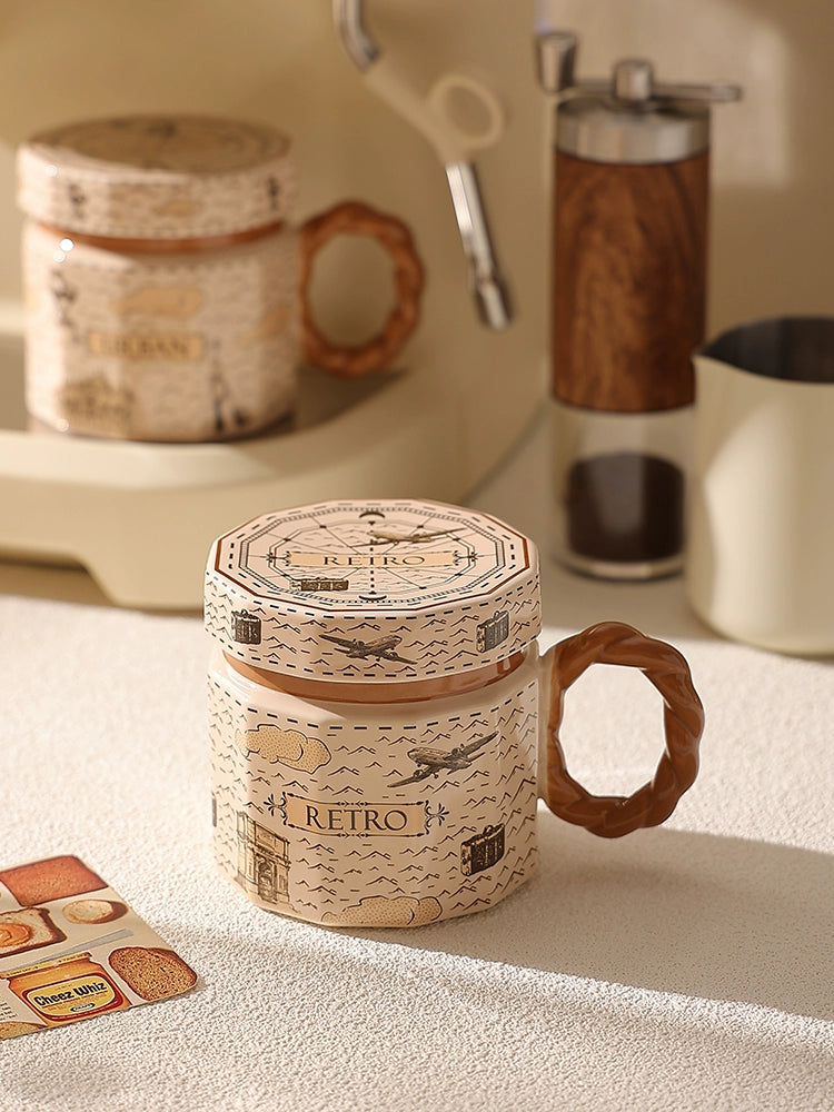 Hero Retro Ceramic Mug with Lid - Exquisite 300-400ml Coffee Cup
