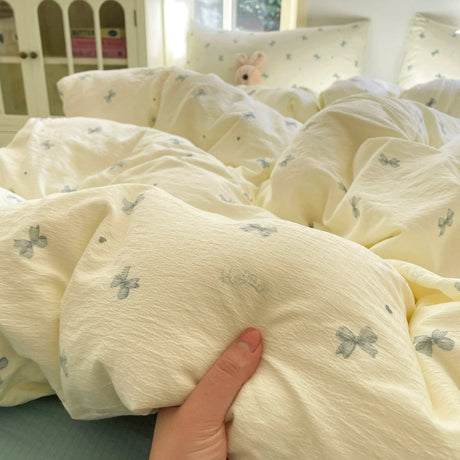 Young Adult Heart Double-Layer Yarn Bedding Four-Piece Set Washed Cotton Duvet Cover Dormitory Bed Single Student Three-Piece Set 4 Julia M LifeStyles