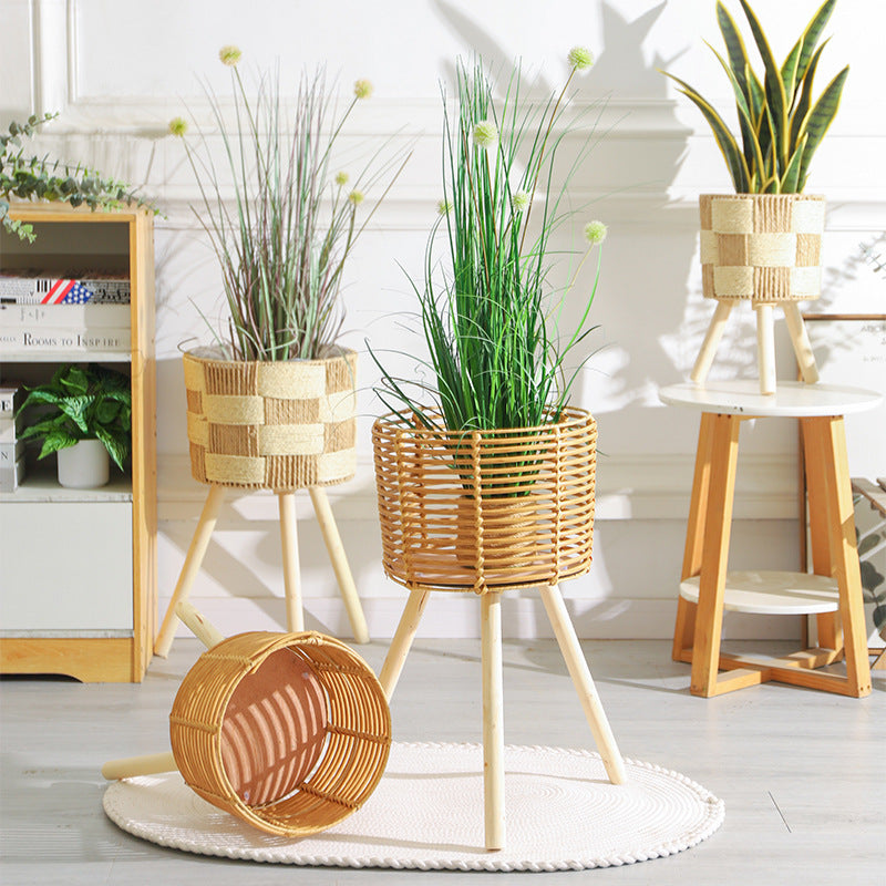 Nordic Solid Wood Rattan Flower Stand and Storage Rack - Julia M LifeStyles
