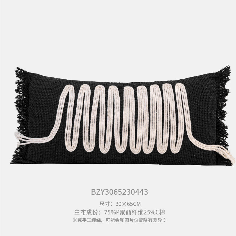 Modern Silent Cotton Rope Woven Long Waist Pillow Sofa Pillow Model Room Decorative Cushion Black Beige