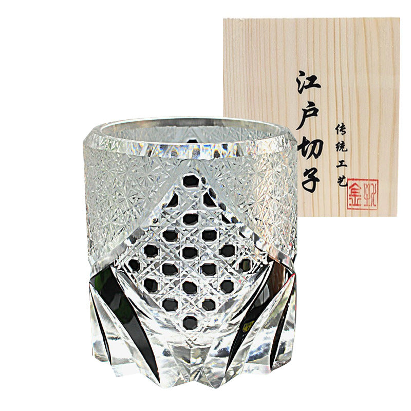 Edo Chariko Whiskey Crystal Glass Hand-carved Vintage Black Samurai Wood Boxed Wine Glass