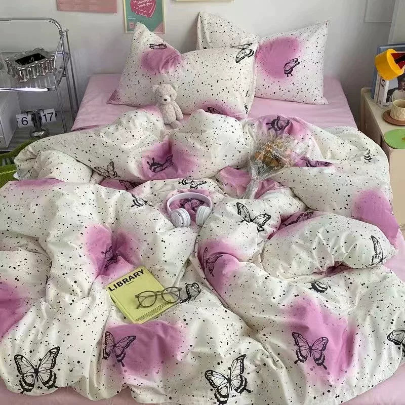 Heart Washed Cotton Cute Minimalist Pink Bed Four-Piece Set - Julia M LifeStyles