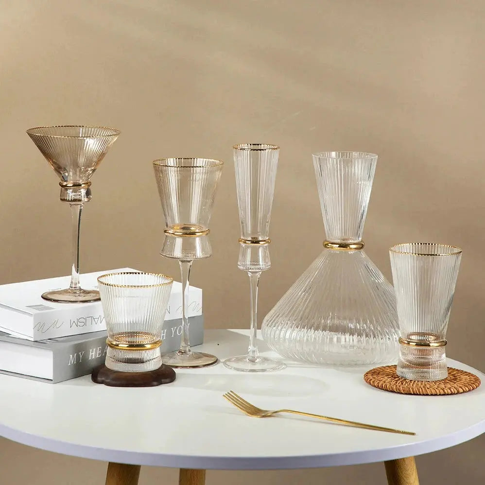 Vertical Grain Gold Waistline Goblet Champagne Glass Cocktail Glass Vertical Grain Water Cup Suit Electroplated Gold Creative Wine Ware Julia M Home & Kitchen