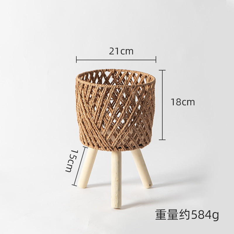 Nordic Solid Wood Rattan Flower Stand Living Room Sofa Combination Floor-Standing Bamboo Storage Rack Balcony Pothos Flower Pot Shelf