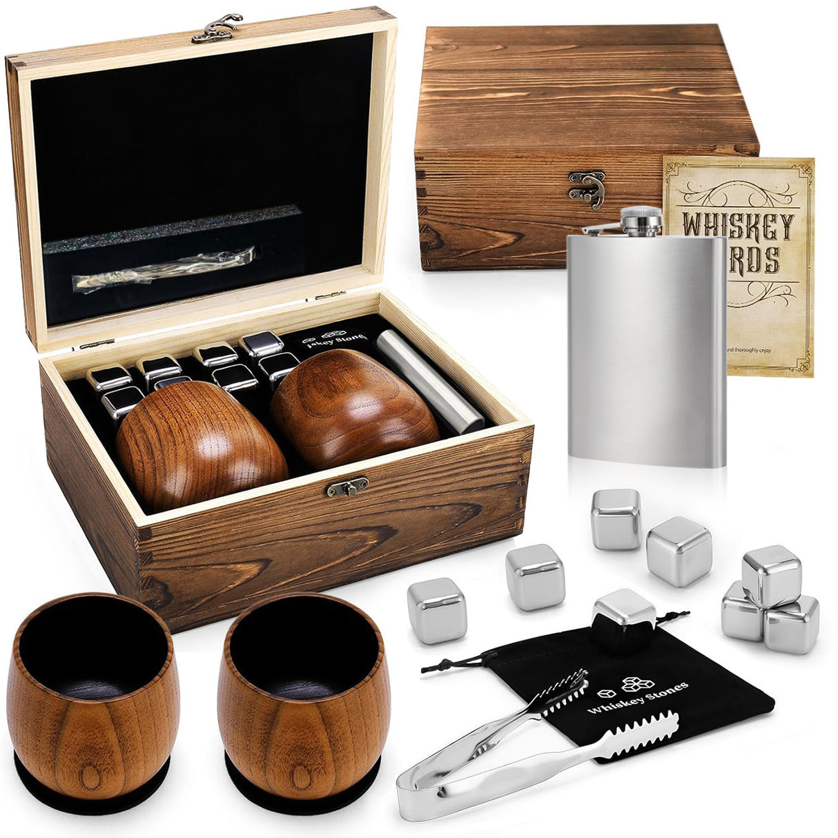 Whiskey Ice Stone Wooden Box Set, Carbonized Jujube Wood Cup Combination, Stainless Steel Ice Stone Complete Gift Box Set