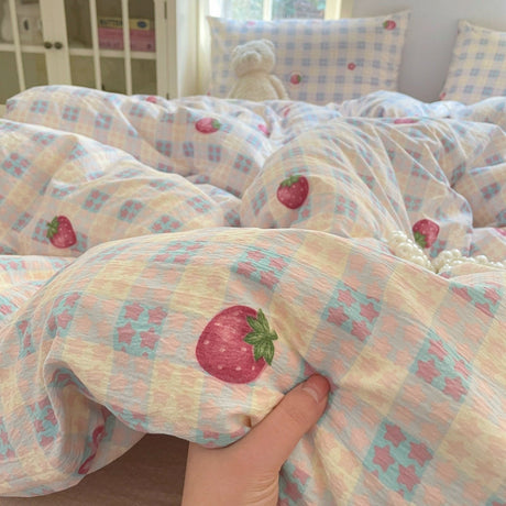 Young Adult Heart Double-Layer Yarn Bedding Four-Piece Set Washed Cotton Duvet Cover Dormitory Bed Single Student Three-Piece Set 4 Julia M LifeStyles