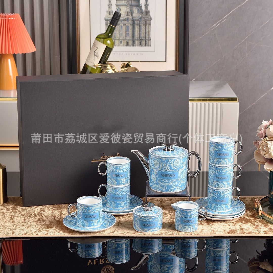 Cross-Border Fanjia Tableware Coffee Cup and Saucer Tea Set 15-Piece Set with 6 Cups, 6 Saucers, Large Pot, Milk Jug, Sugar Jar, Complete Gift Box Set for Gifting