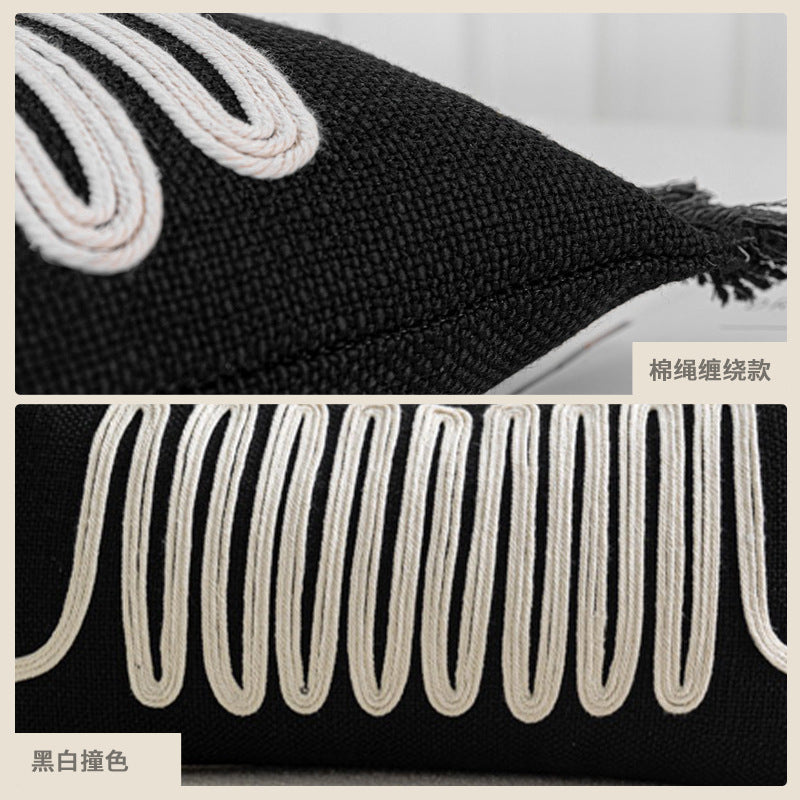 Modern Silent Cotton Rope Woven Long Waist Pillow Sofa Pillow Model Room Decorative Cushion Black Beige